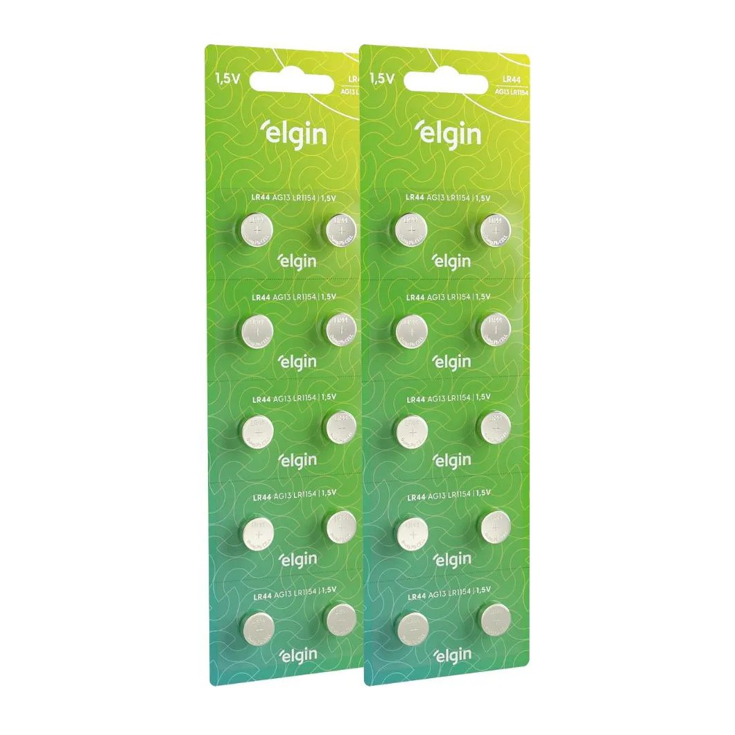 20 Baterias Pilhas Alcalina Lr44 1,5v Blister Cartela Elgin