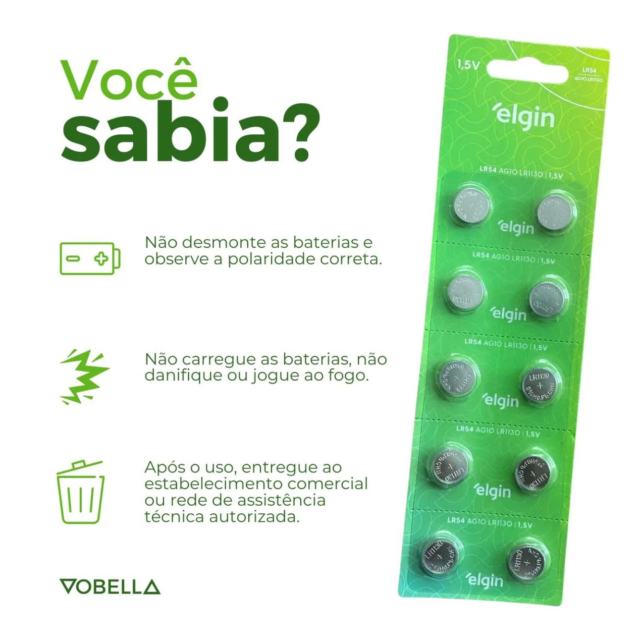 10 Baterias Pilhas Alcalina Lr54 1,5v Blister Cartela Elgin