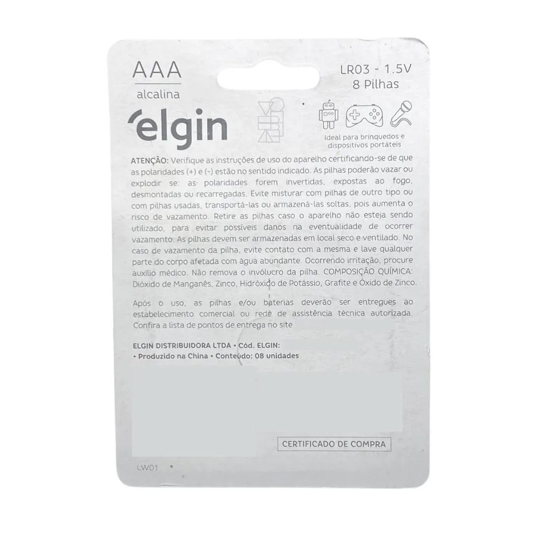 Pilha Alcalina Aaa Palito 1,5v LR03 Blister 8 Unidades Elgin