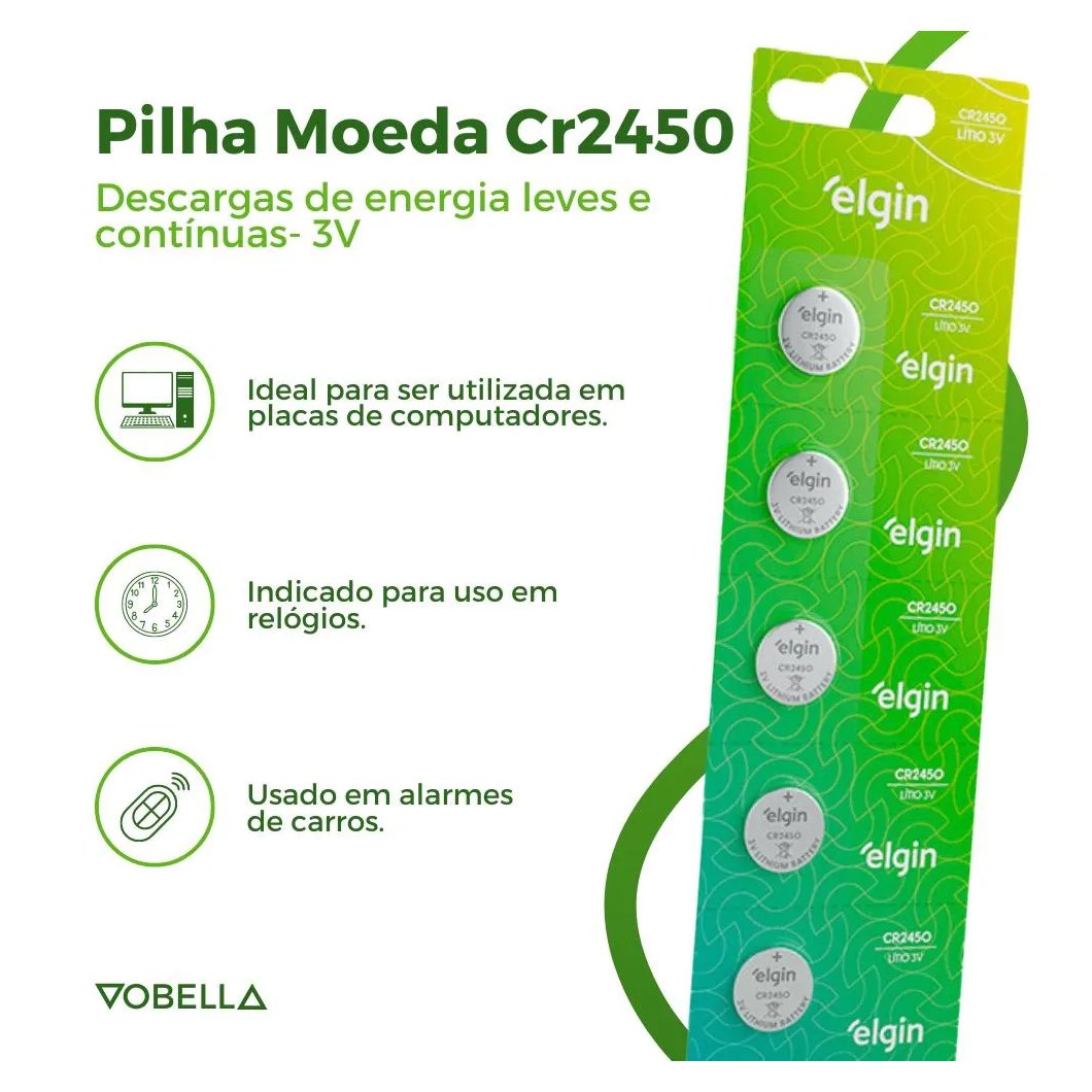 5 Baterias Pilha Moeda Cr2450 3V 1 Cartela Brinquedos Elgin