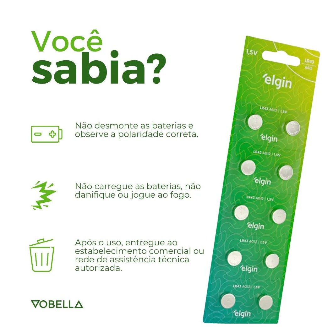 10 Baterias Pilha Botão Lr43 1,5V Ag12 1 Cartela Elgin