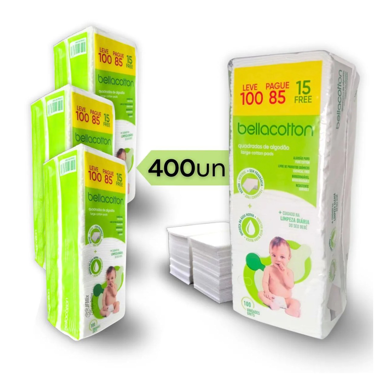 Algodão quadrado bebê bellacotton 400 unidades