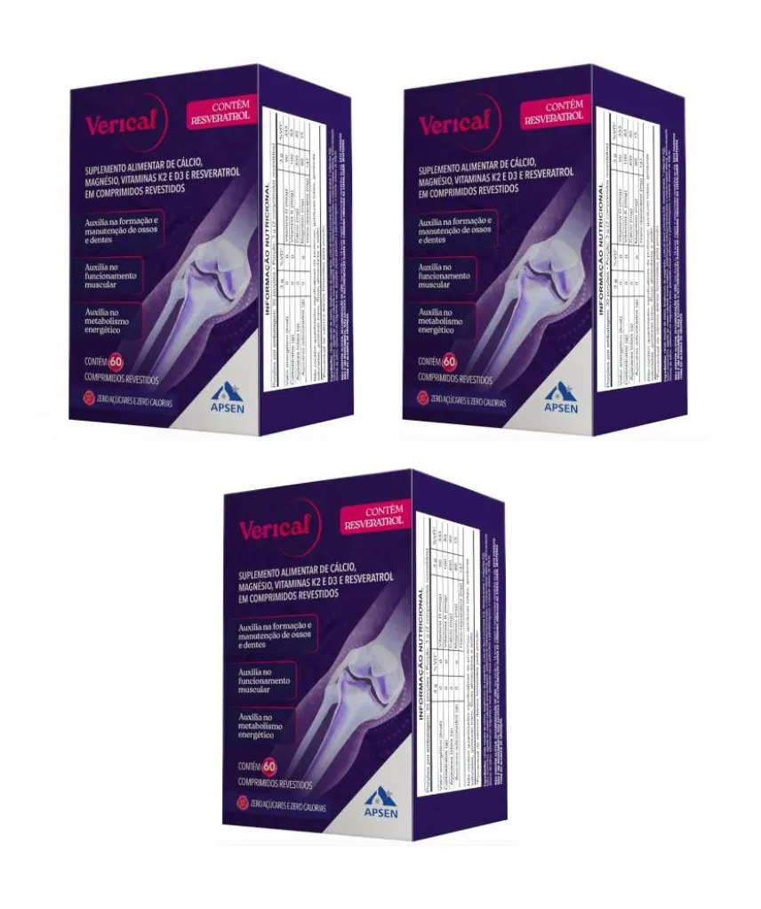 Verical Kit C/3 Caixas C/60 comprimidos Cada - Suplemento de Cálcio + Resveratrol + Vitamina D + Magnésio + Vitamina K2
