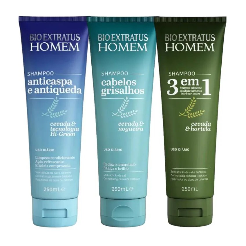 Kit 1 Shampoo 3 em 1, 1 Shampoo Grisalhos e 1 Shampoo Anticaspa Homem Bio Extratus