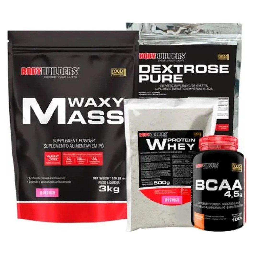 Kit Hipercalórico Waxy Mass 3kg + Whey Protein 500g + Bcaa 100g + Dextrose 900g - Bodybuilders Chocolate