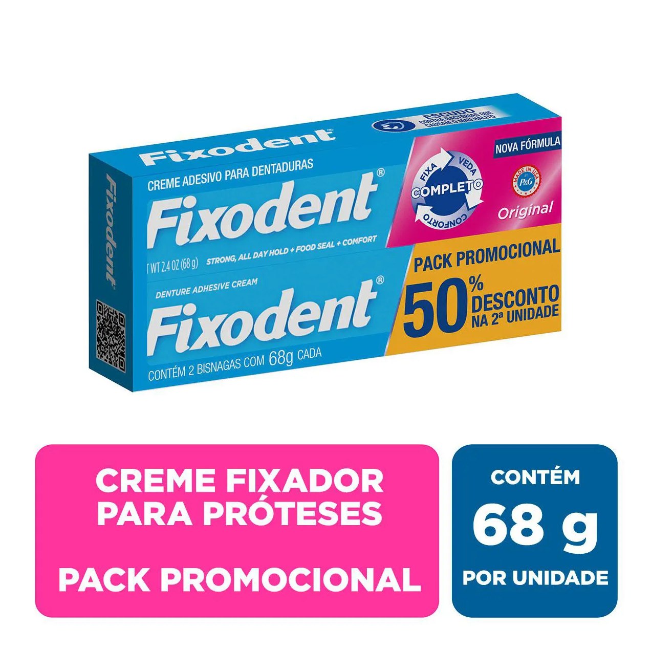 Kit Creme Fixador de Dentadura Fixodent Original 68g 2 unidades