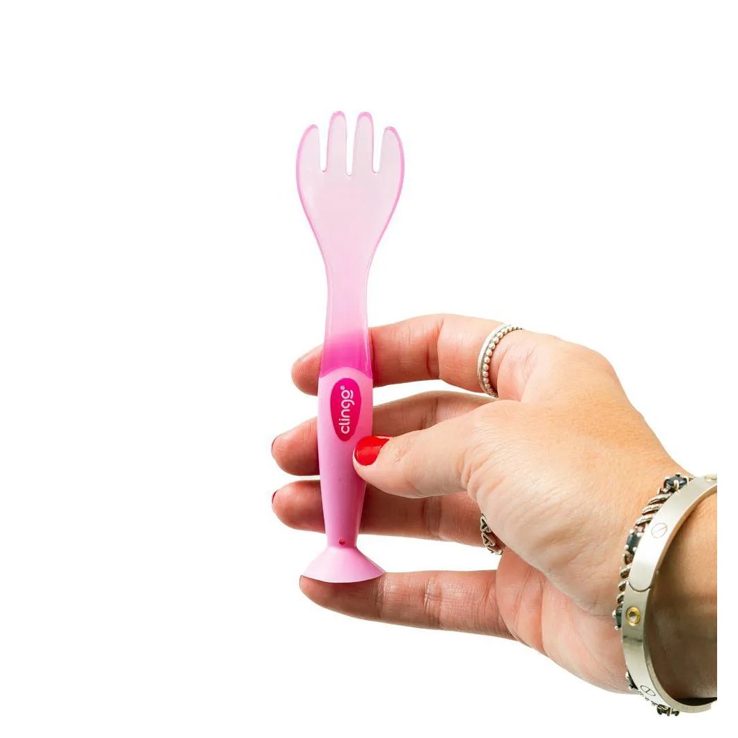 Talheres de Silicone com Ventosa Rosa - Clingo