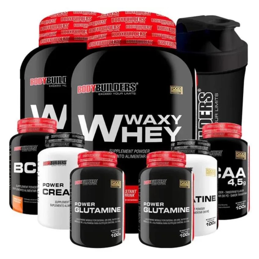 Kit 2x Waxy Whey 900g + 2x Bcaa 100g + 2x Power Creatina 100g + 2x Power Glutamina + Coq - Bodybuilders Cappuccino e Baunilha