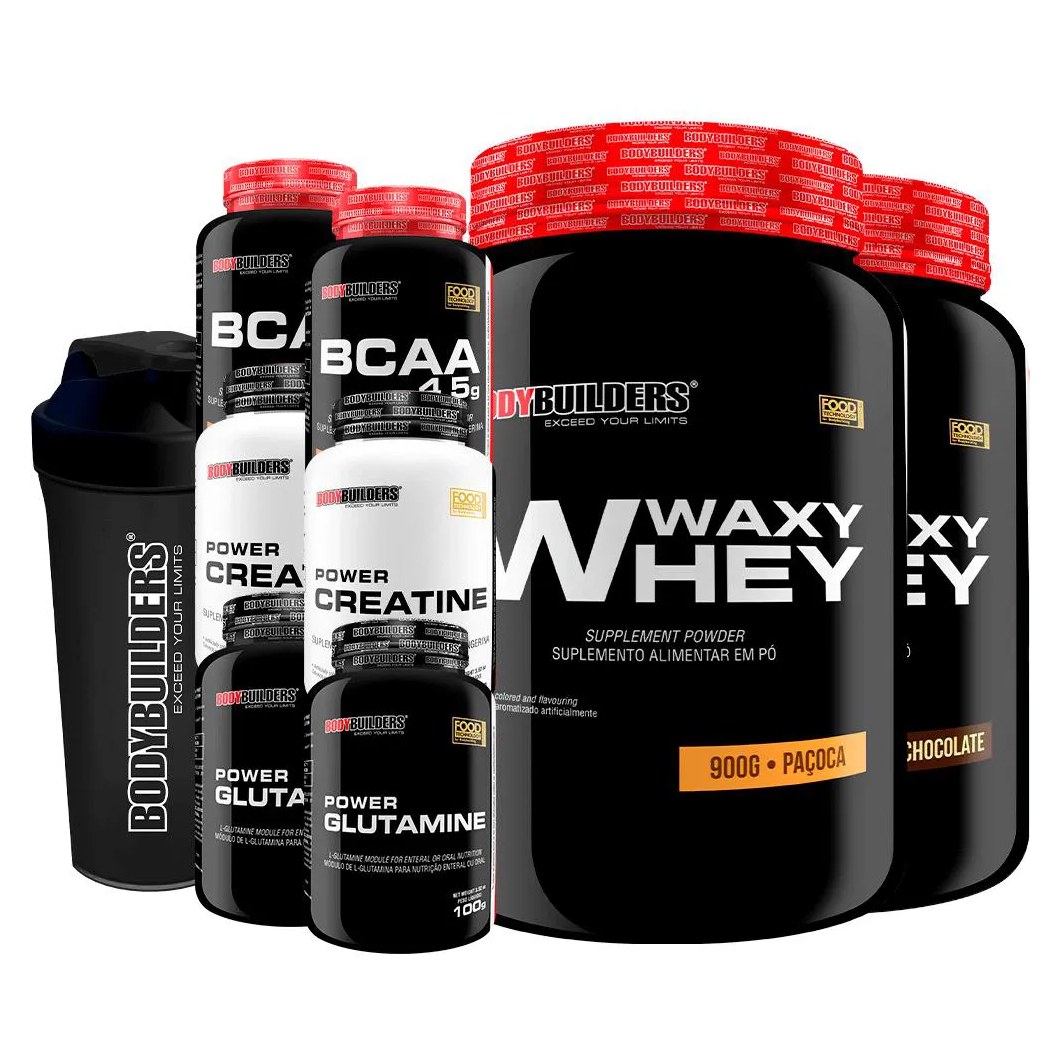 Kit 2x Waxy Whey 900g + 2x Bcaa 100g + 2x Power Creatina 100g + 2x Power Glutamina + Coq - Bodybuilders Chocolate e Paçoca