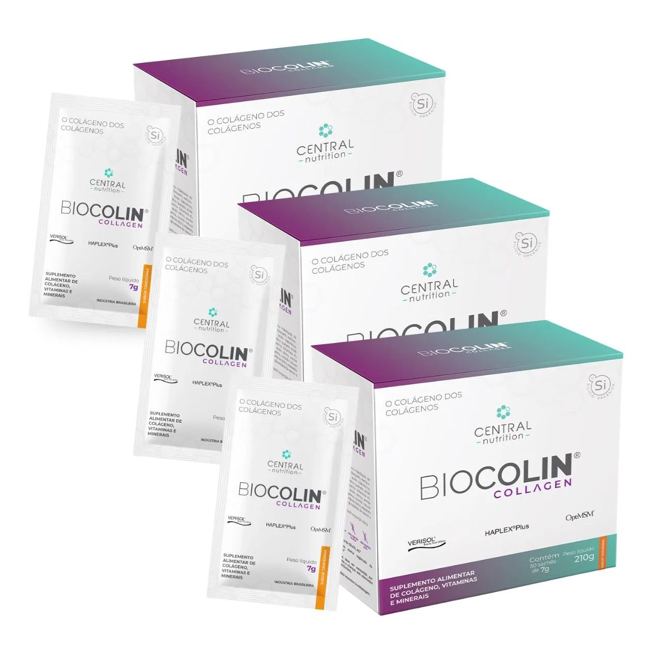 Kit 3 Biocolin Collagen Colágeno Verisol 30Sachê Central Nutrition Tangerina