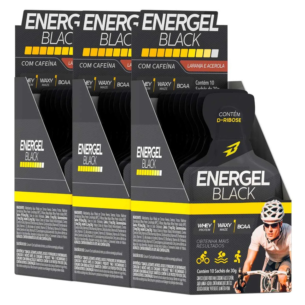 Kit 3 Gel Energel Black Sachês Bodyaction Sabor Laranja Acerola