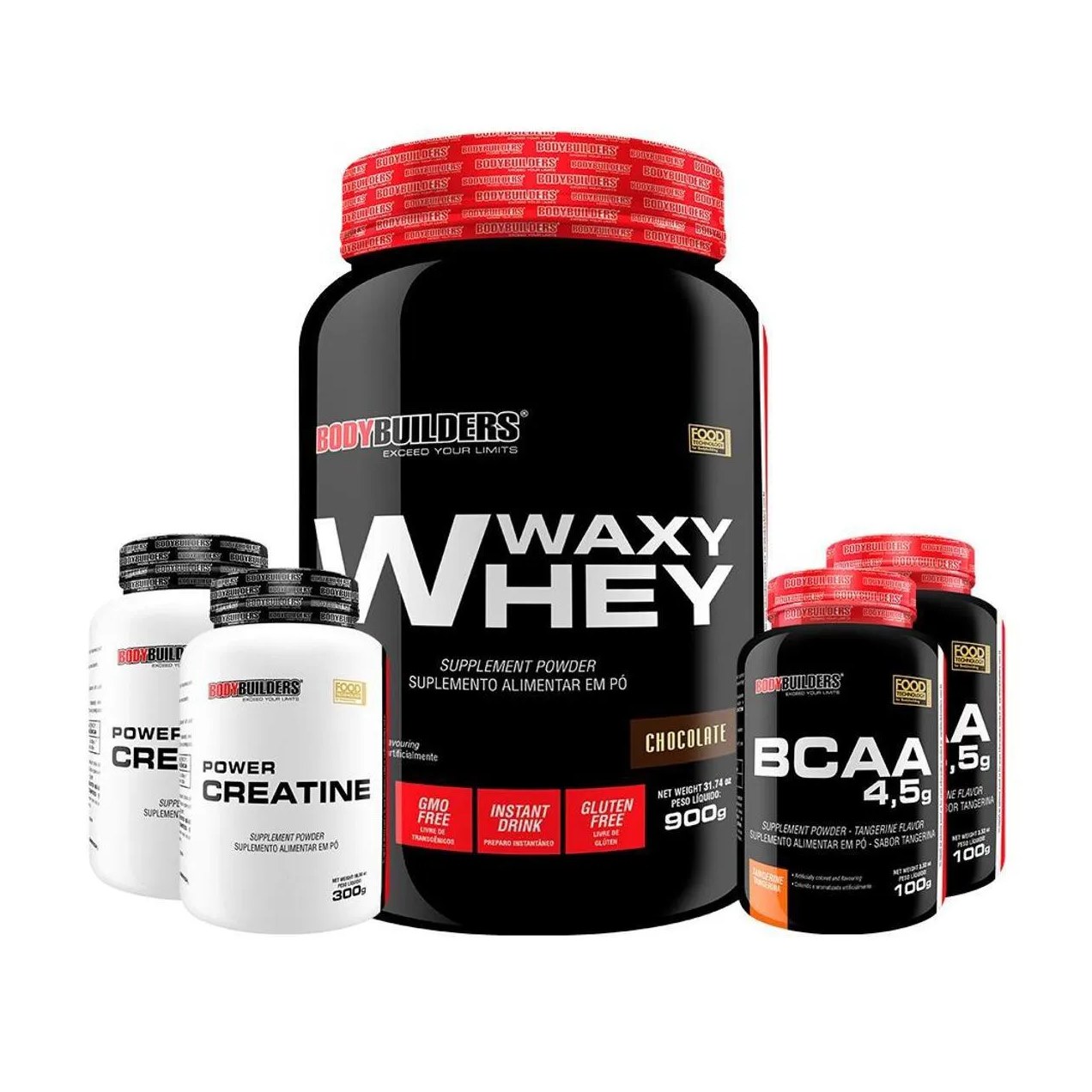 Kit Whey Protein Waxy Whey Pote 900g + 2x Bcaa 100g + 2x Power Creatina 100g - Kit para Ganho de Massa Muscular - Chocolate