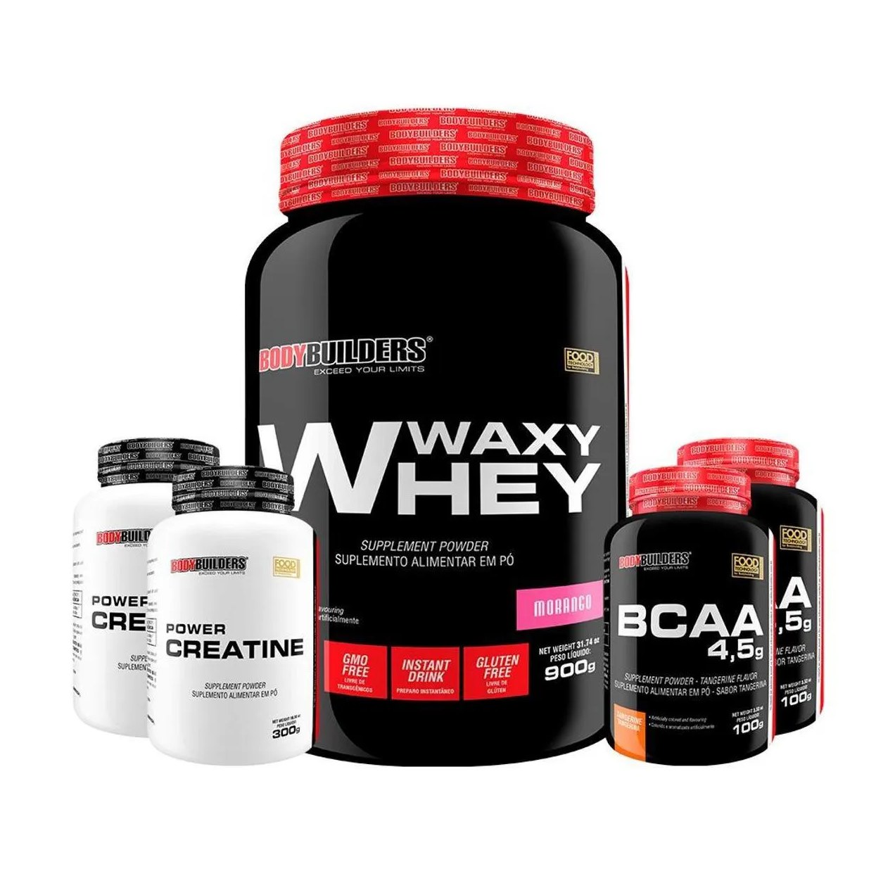 Kit Whey Protein Waxy Whey Pote 900g + 2x Bcaa 100g + 2x Power Creatina 100g - Kit para Ganho de Massa Muscular - Morango