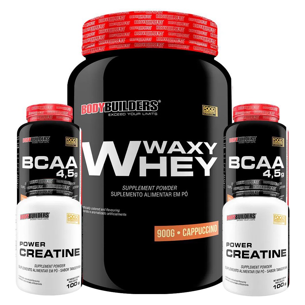 Kit Whey Protein Waxy Whey Pote 900g + 2x Bcaa 100g + 2x Power Creatina 100g - Kit para Ganho de Massa Muscular - Cappuccino