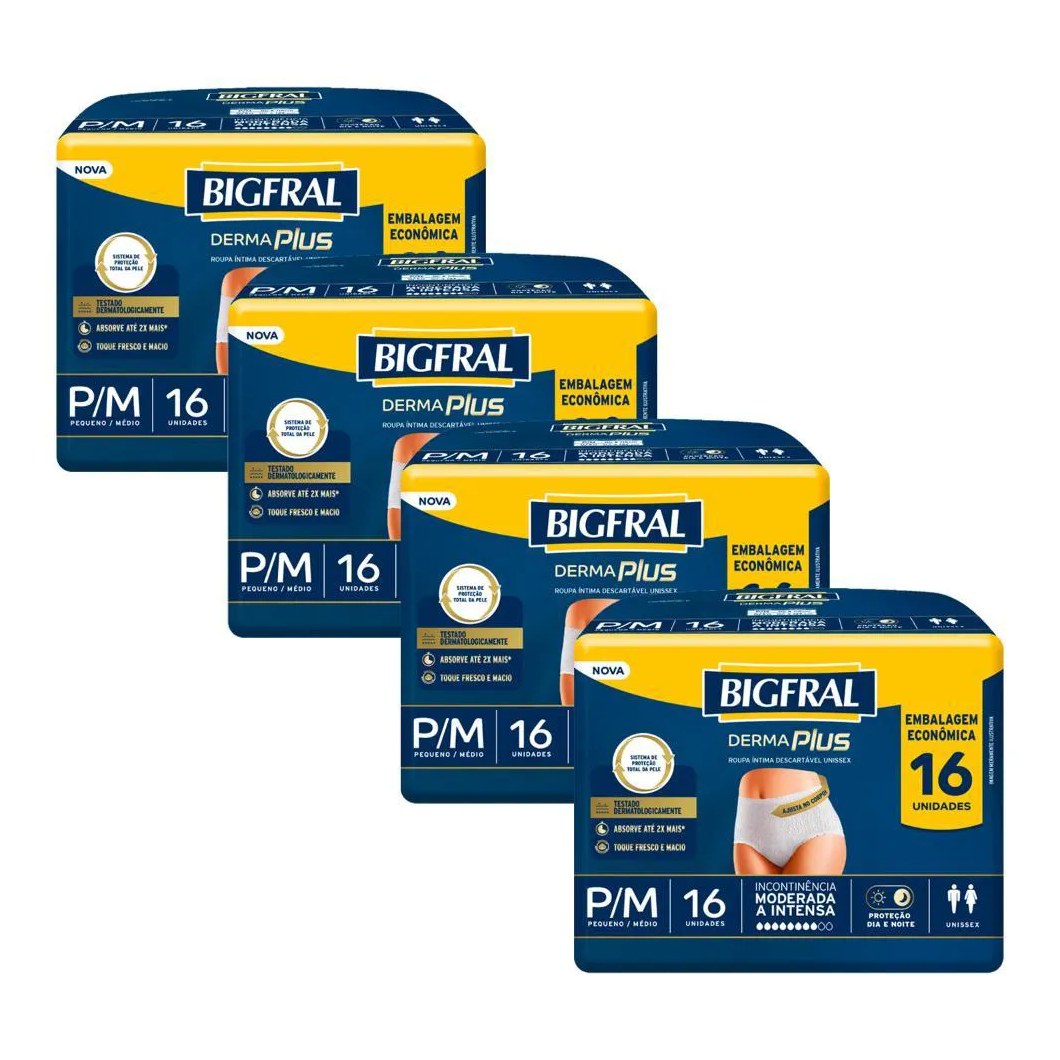Kit 4 Roupas Íntima Bigfral Pants Derma Plus P/m com 16un Cada