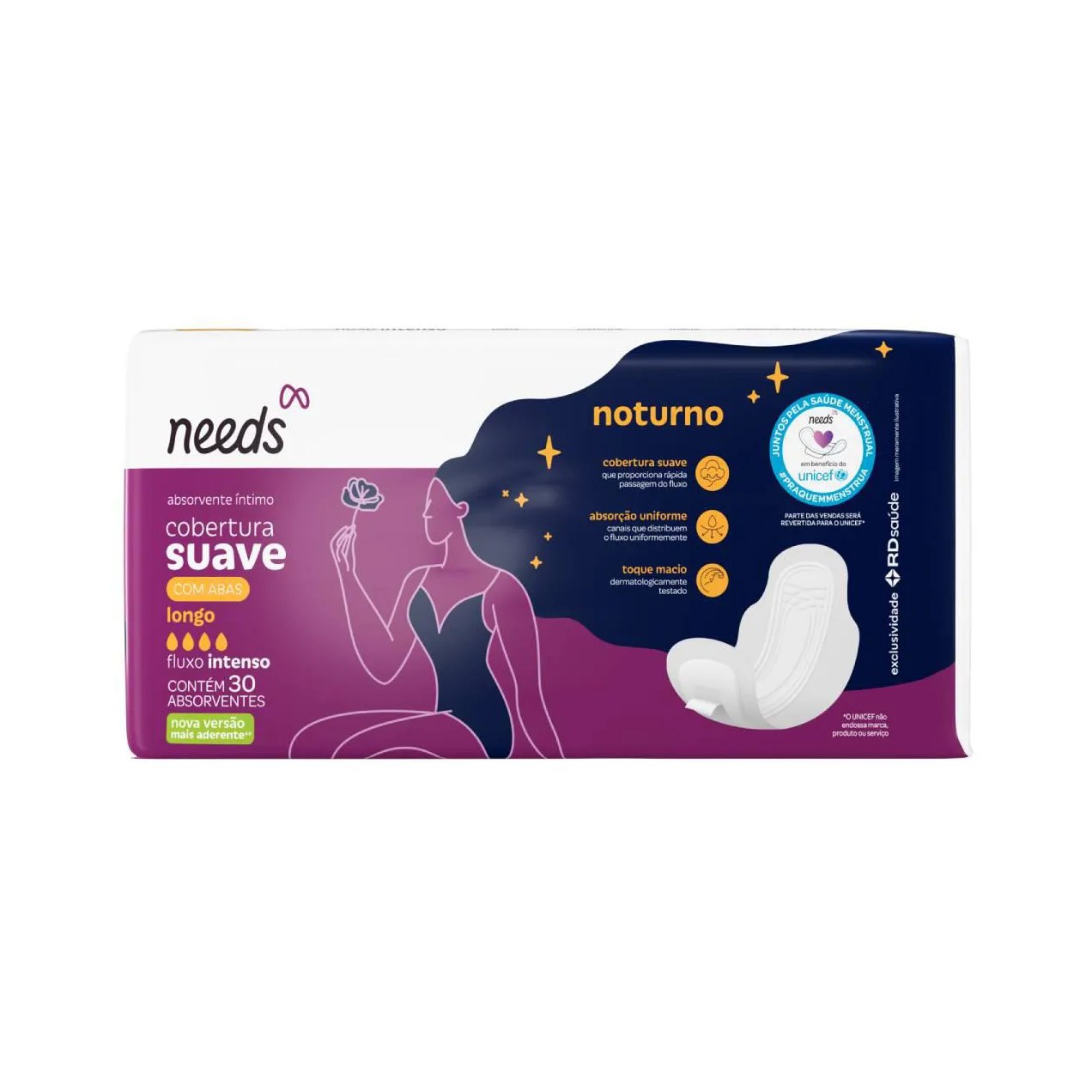 Absorvente Noturno Needs Cobertura Suave com Abas 30 Unidades