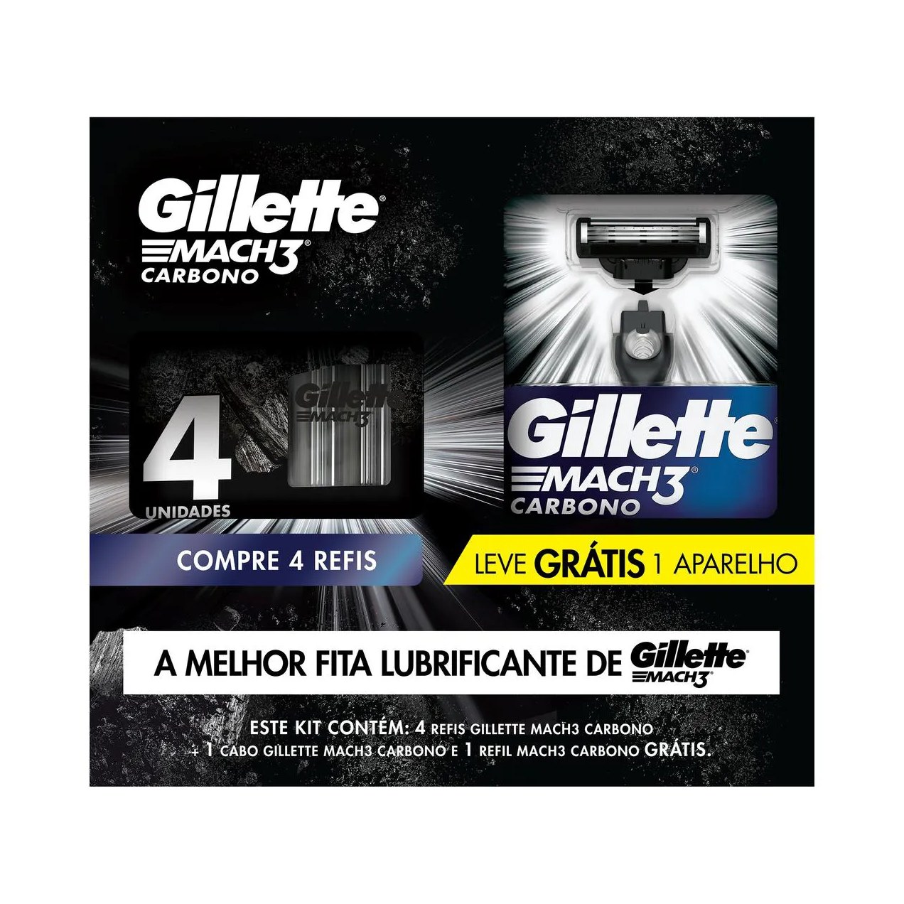Kit Aparelho de Barbear Descartável Gillette Mach3 Carbono Carvão Ativado + 4 Refis