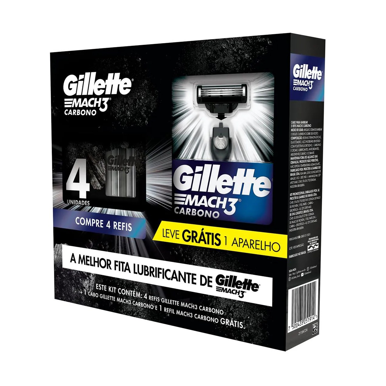 Kit Aparelho de Barbear Descartável Gillette Mach3 Carbono Carvão Ativado + 4 Refis