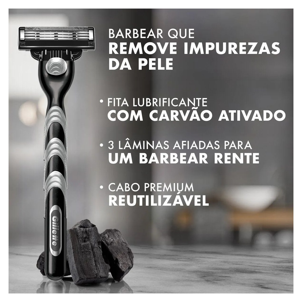 Kit Aparelho de Barbear Descartável Gillette Mach3 Carbono Carvão Ativado + 4 Refis