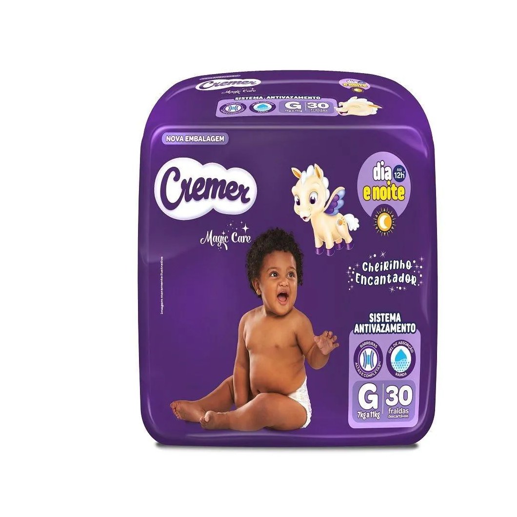 Fralda Descartável Cremer Magic Care Econômica Tamanho G - 8 Pacotes com 30 Fraldas - Total 240 Tiras