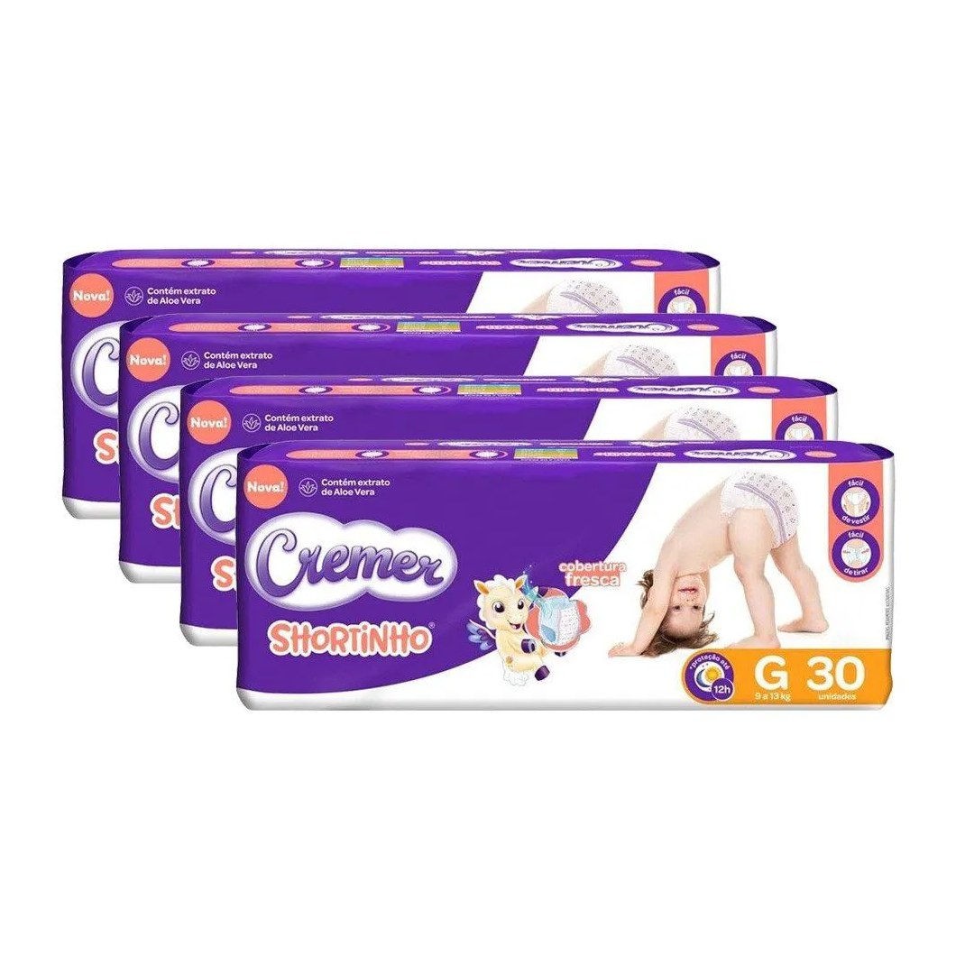 Fralda Descartável Cremer Shortinho Jumbo Tamanho G - 4 Pacotes com 30 Fraldas - Total 120 Tiras