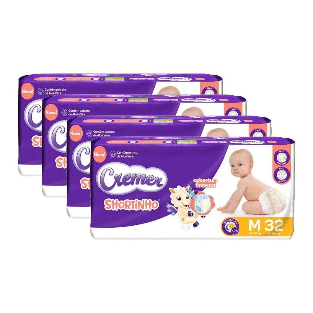 Fralda Descartável Cremer Shortinho Jumbo Tamanho M - 4 Pacotes com 32 Fraldas - Total 128 Tiras