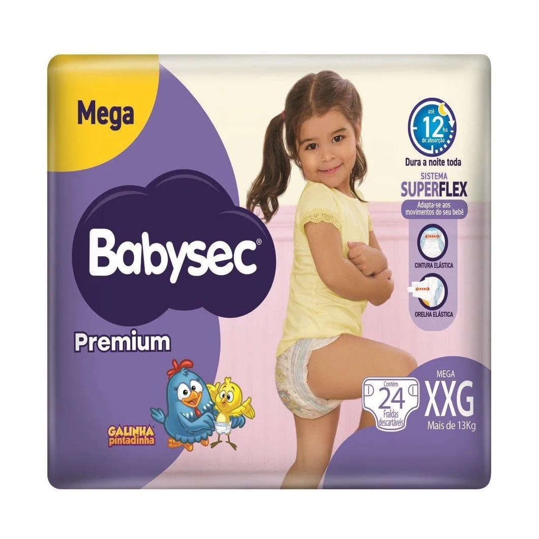 Fralda Descartável Babysec Premium Mega Tamanho Xxg - 6 Pacotes com 24 Fraldas - Total 144 Tiras