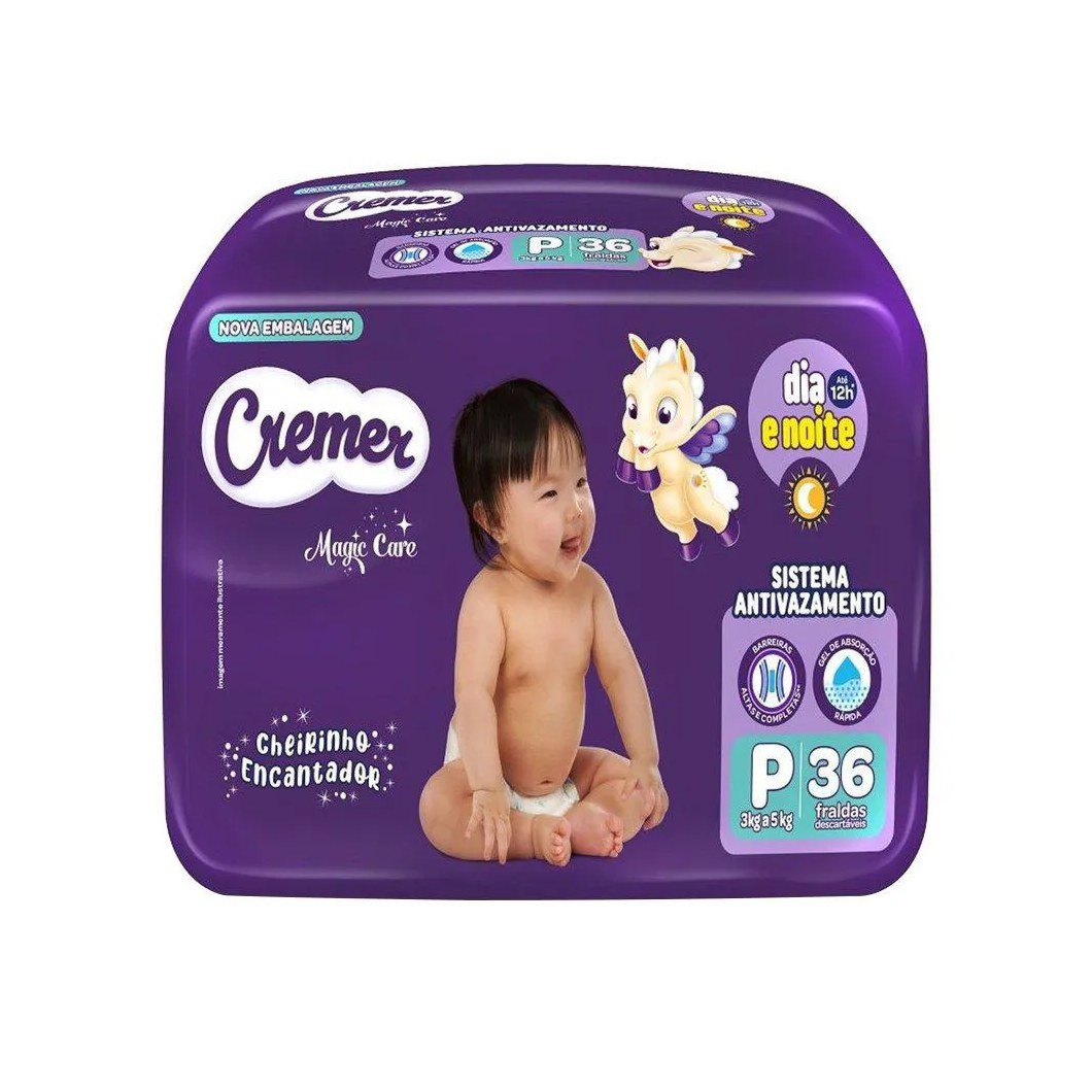 Fralda Descartável Cremer Magic Care Econômica Tamanho P - 8 Pacotes com 36 Fraldas - Total 288 Tiras