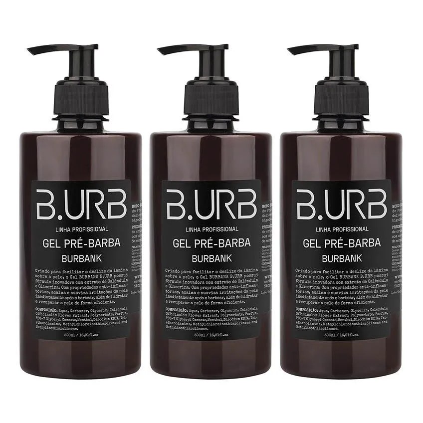 Kit 3 Gel Pré Barba Burbank 500ml Profissional Bancada Barbearia Barba Urbana B.urb
