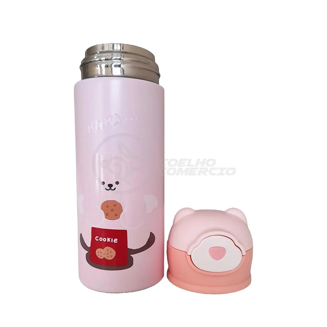 Garrafa Infantil de Ursinho Rosa Térmica Aço Inoxidável 420ML Água Suco e Chá Quente e Frio até 12H