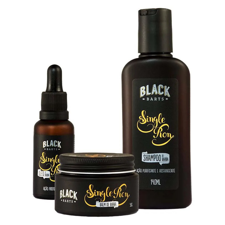 Kit Barba Balm em Cera + Shampoo + Óleo Hidratante Single Ron Black Barts