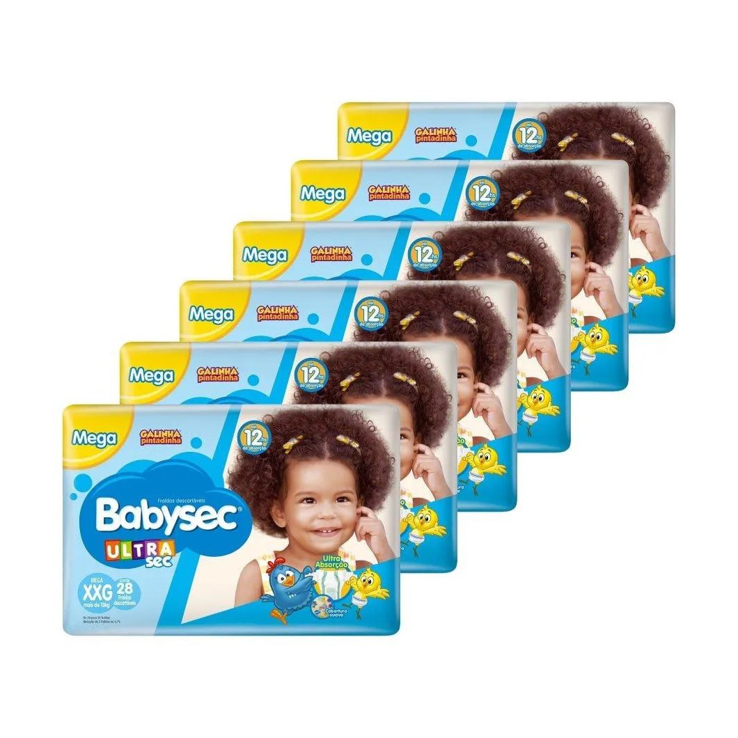 Fralda Descartável Babysec Ultra Mega Galinha Pintadinha Tamanho Xxg - 6 Pacotes com 28 Fraldas - Total 168 Tiras