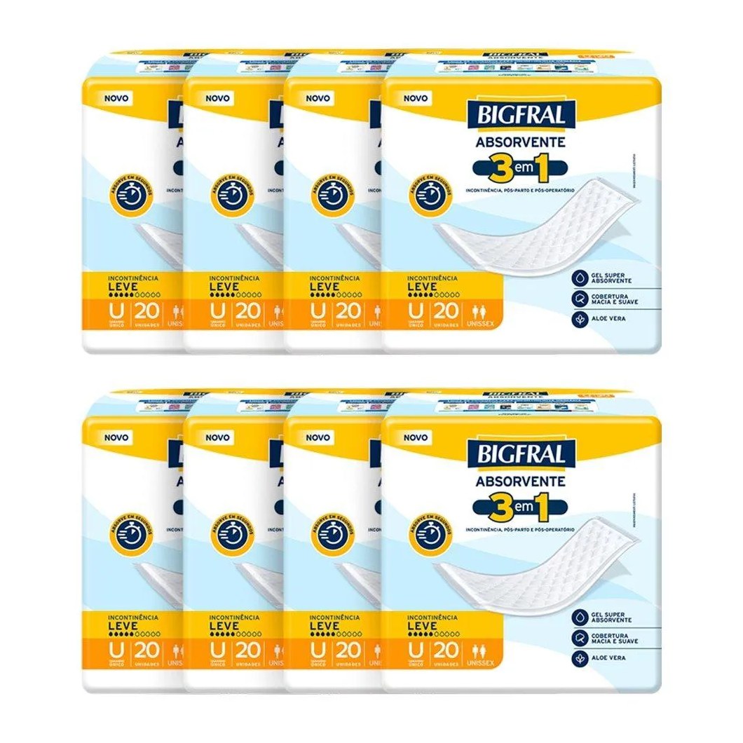 Absorvente Geriátrico Bigfral 3 em 1 - 8 Embalagens com 20 unidades