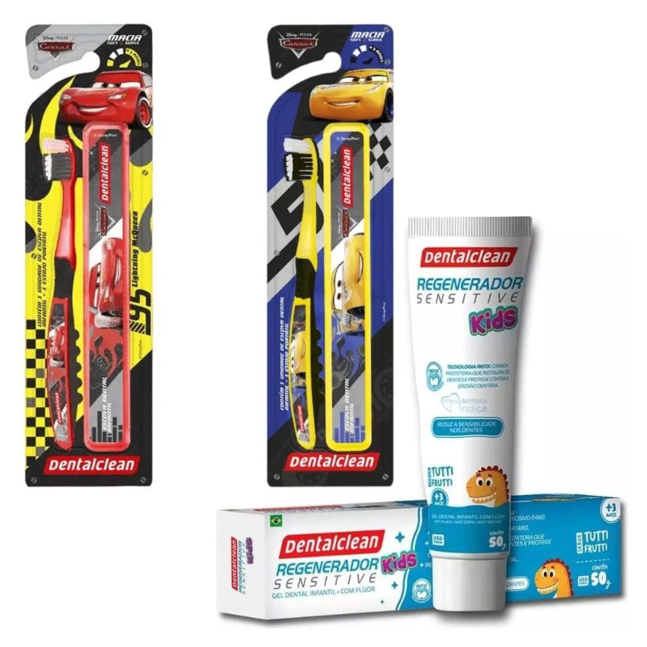 Escova + Estojo Carros + Gel Regenerador KIDS - Dentalclean