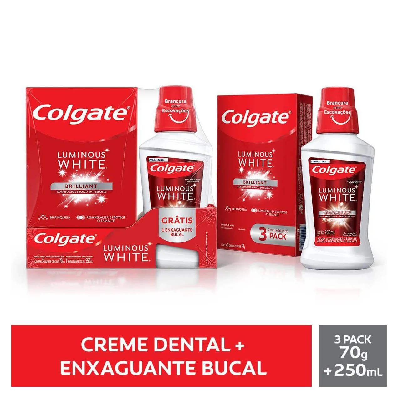 Kit Colgate Luminous White Brilliant Creme Dental 70g 3 unidades + Enxaguante Bucal 250ml