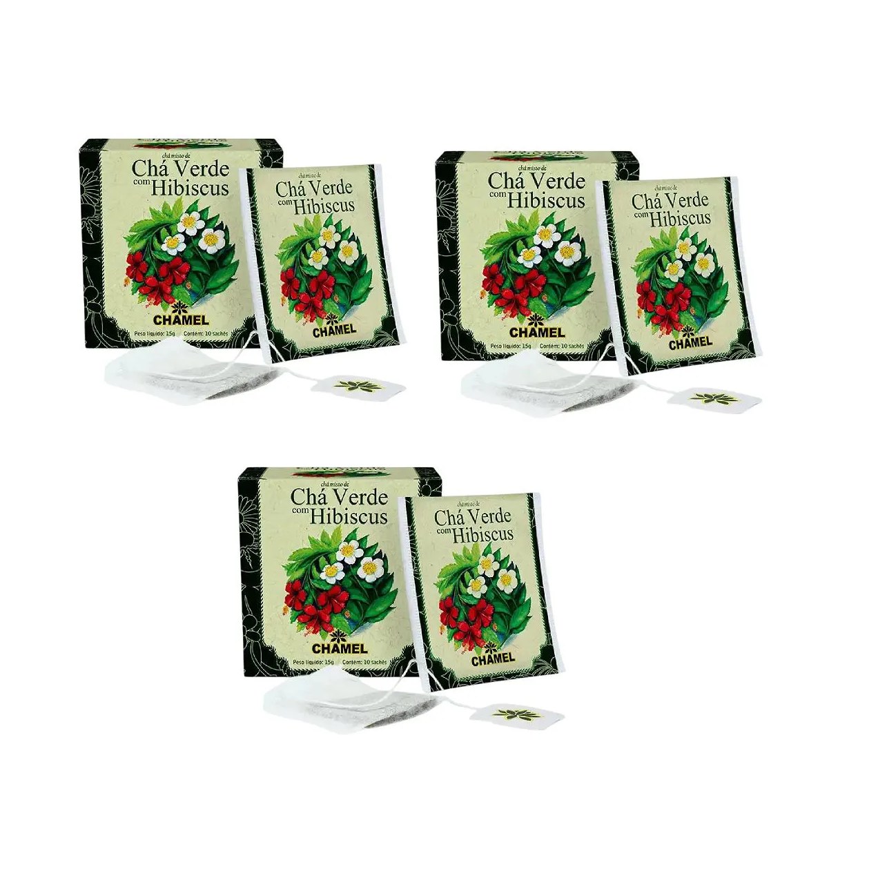Kit 03 Chá Verde com Hibiscus com 10 Sachês 15g - Chamel
