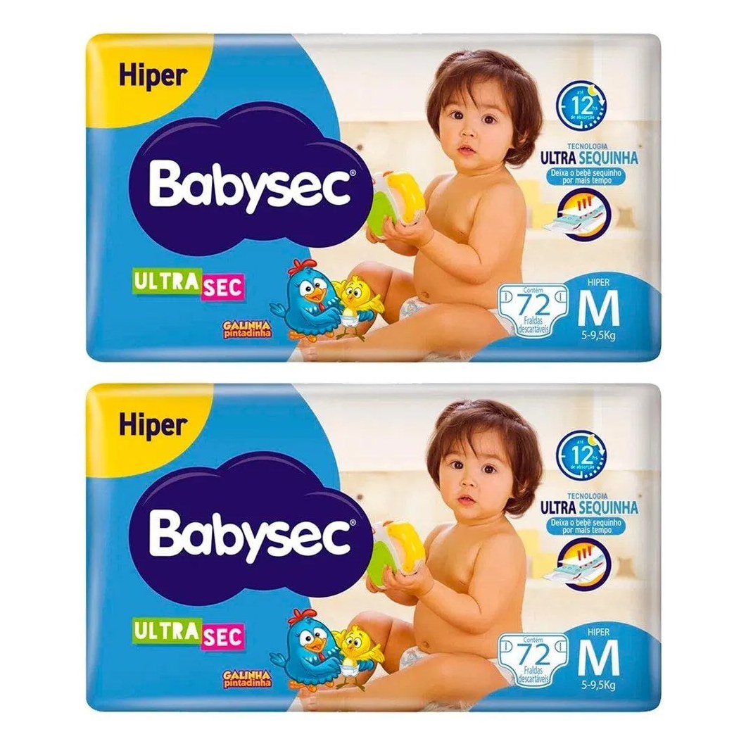 Fralda Descartável Babysec Ultra Tamanho M - 2 Pacotes com 72 Fraldas - Total 144 Tiras