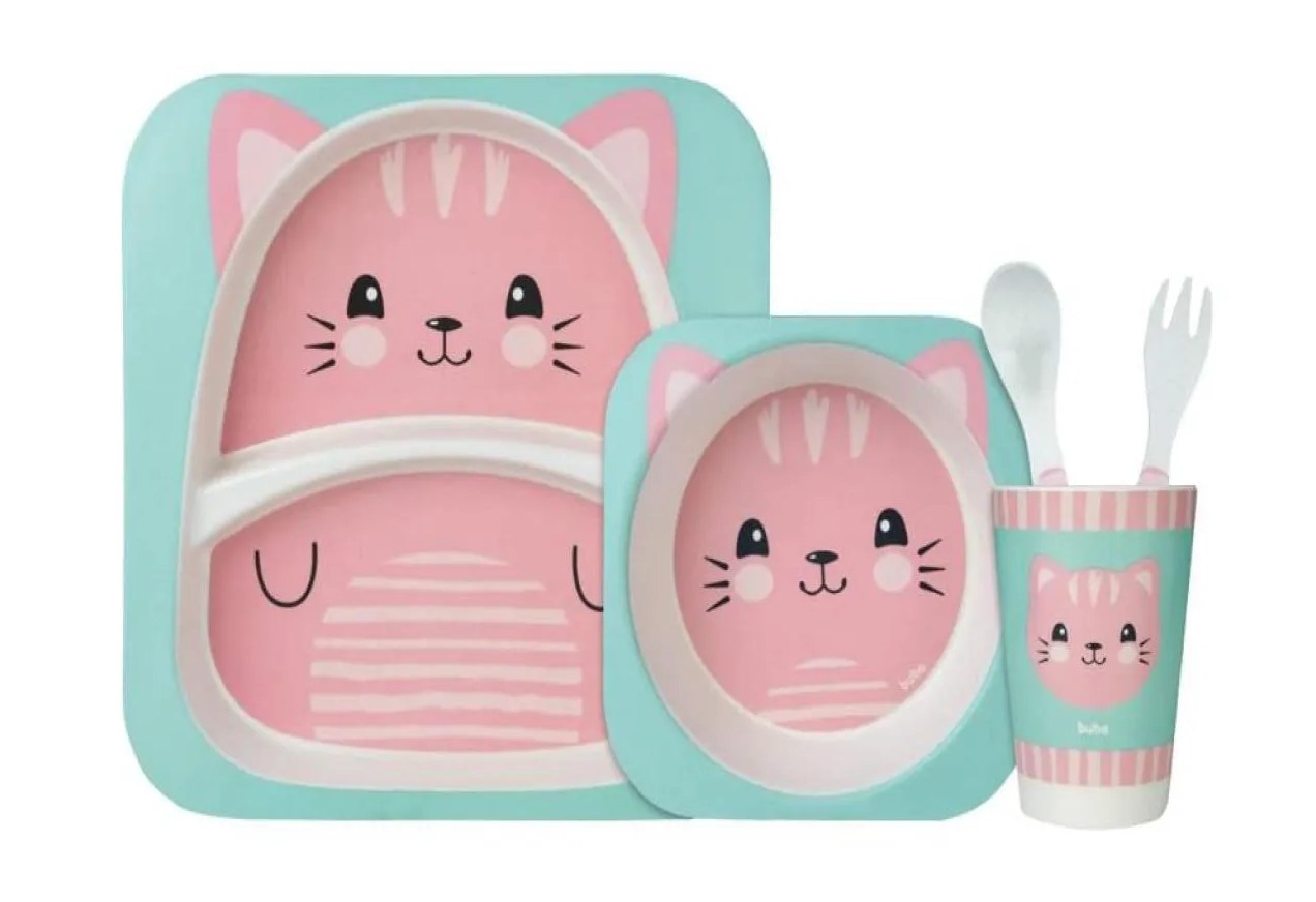 KIT REFEIçãO INFANTIL EM FIBRA DE BAMBU ECOLóGICO 5 PEçAS GATINHO - BUBA