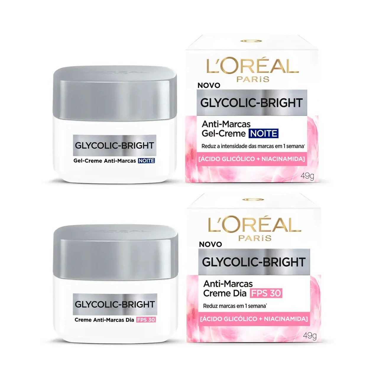 Kit L'Oreal Paris Anti-Marcas Glycolic-Bright - Creme Dia FPS30 + Gel-Creme Noite