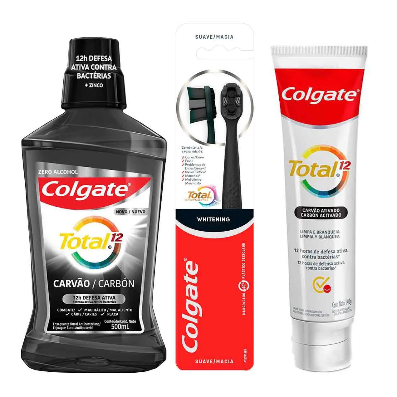 Kit Colgate Total Prevenção Ativa Carvão Ativado Pasta de dente + Escova de Dente Whitening Macia 2 un + Enxaguante Bucal Sem Álcool