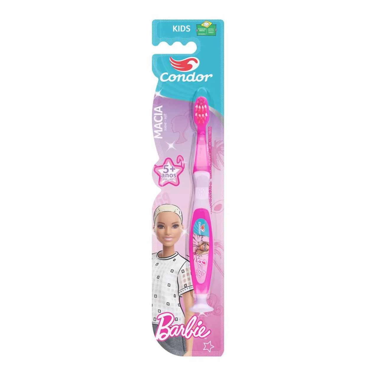 Escova Dental Macia com Limpador de Língua e Ventosa Barbie Condor Kids+ Cabeça P