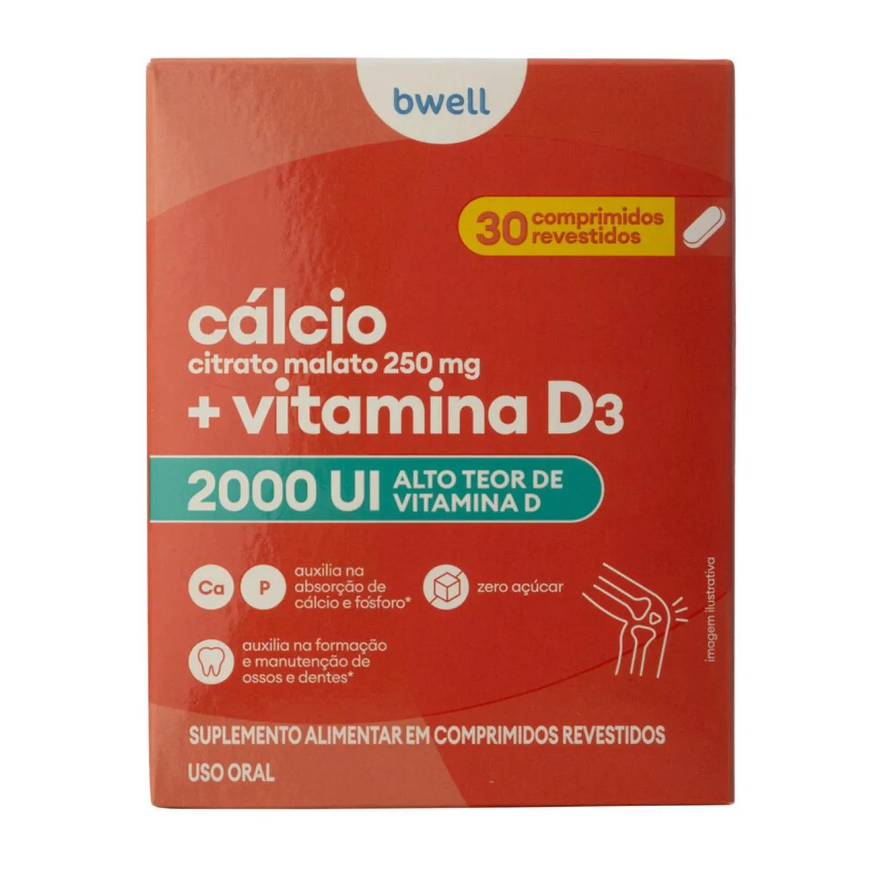 Cálcio 250mg + Vitamina D3 2000UI bwell 30 Comprimidos