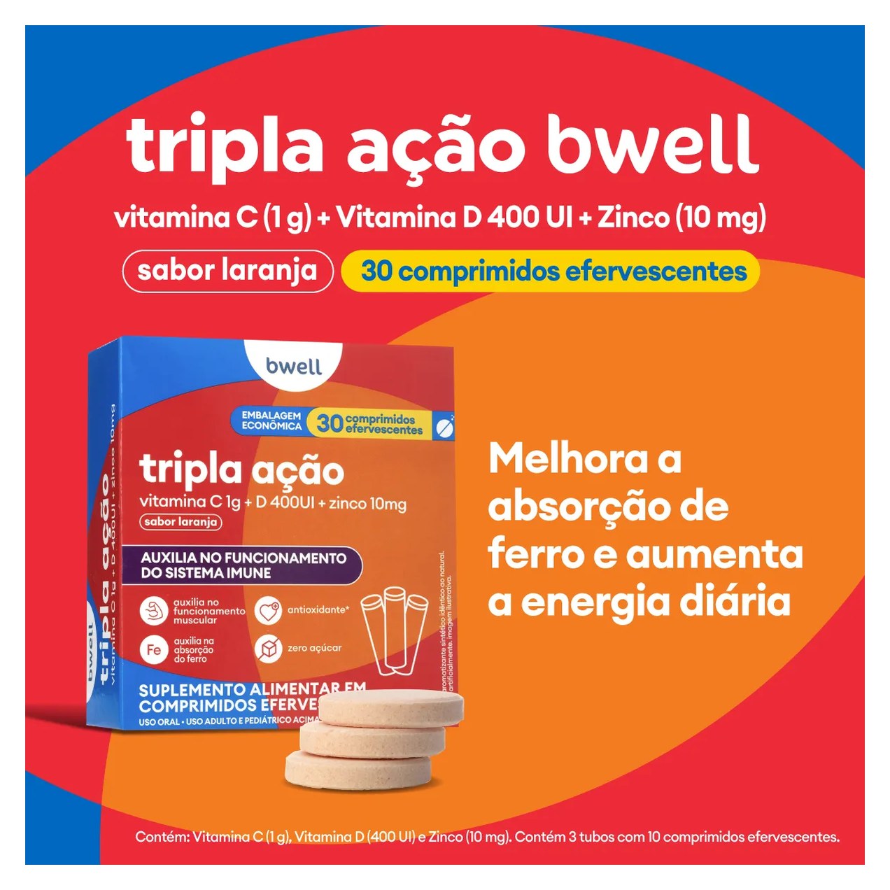 Vitamina C bwell Tripla Ação 30 Comprimidos Efervescentes