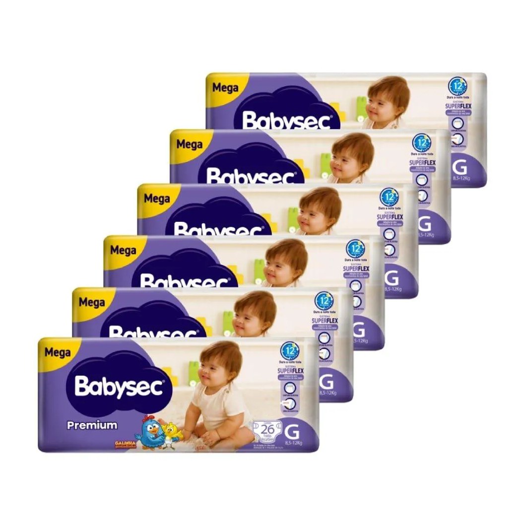 Fralda Descartável Babysec Premium Mega Tamanho G - 6 Pacotes com 26 Tiras - Total 156 Tiras