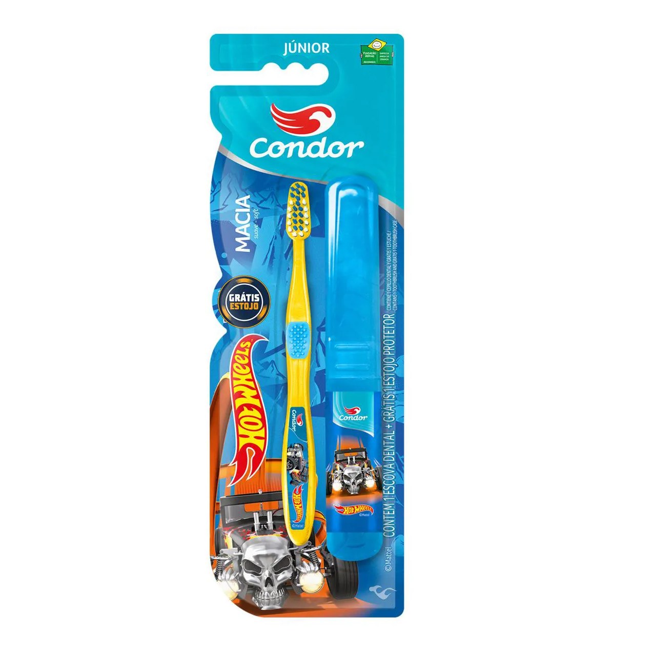 Escova Dental Macia Hot Wheels Condor Júnior Cabeça P Grátis Estojo Protetor
