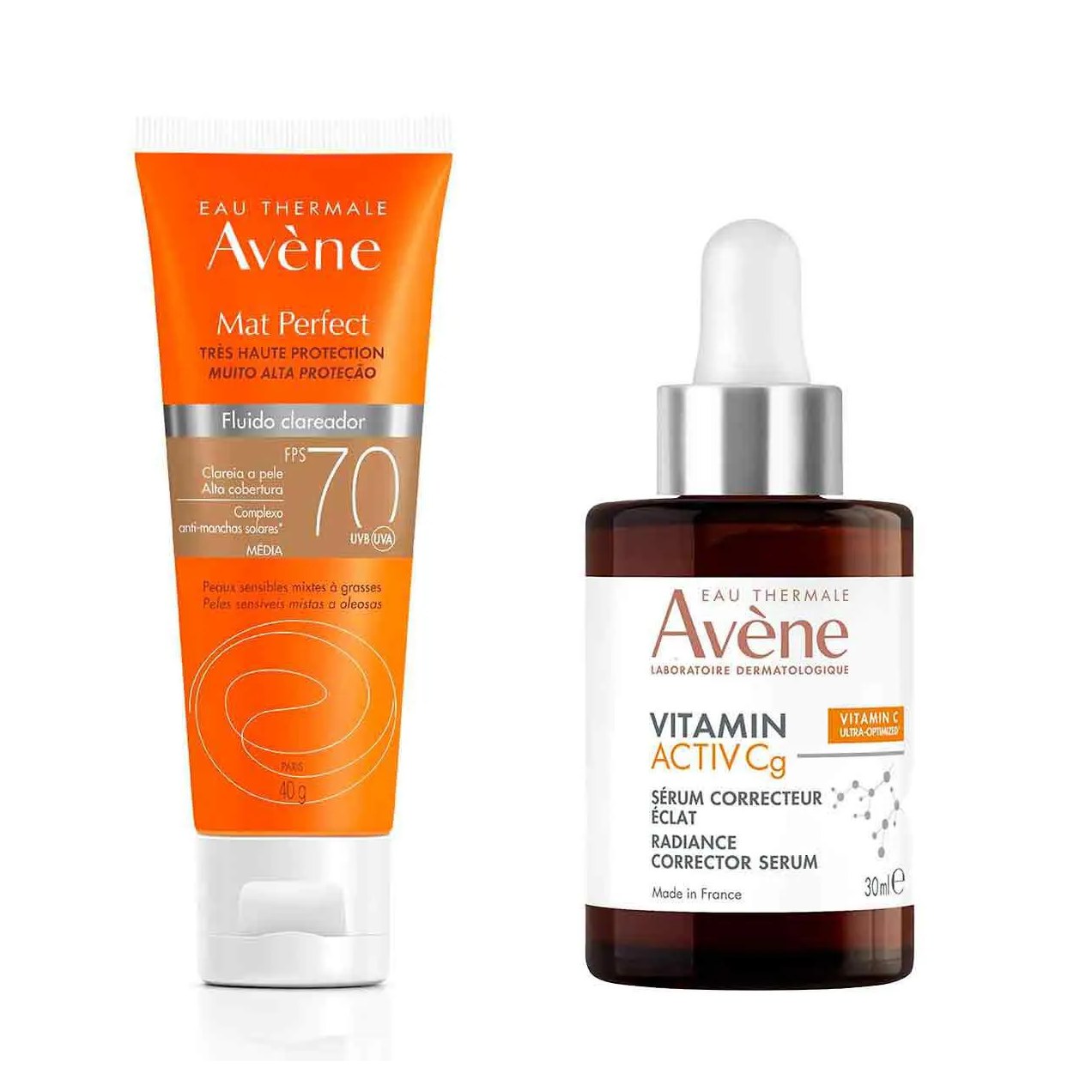 Kit Avène Facial Sérum Iluminador Intensivo Vitamin Activ Cg 30ml + Protetor Solar Mat Perfect FPS 70 Fluido Clareador Médio 40g