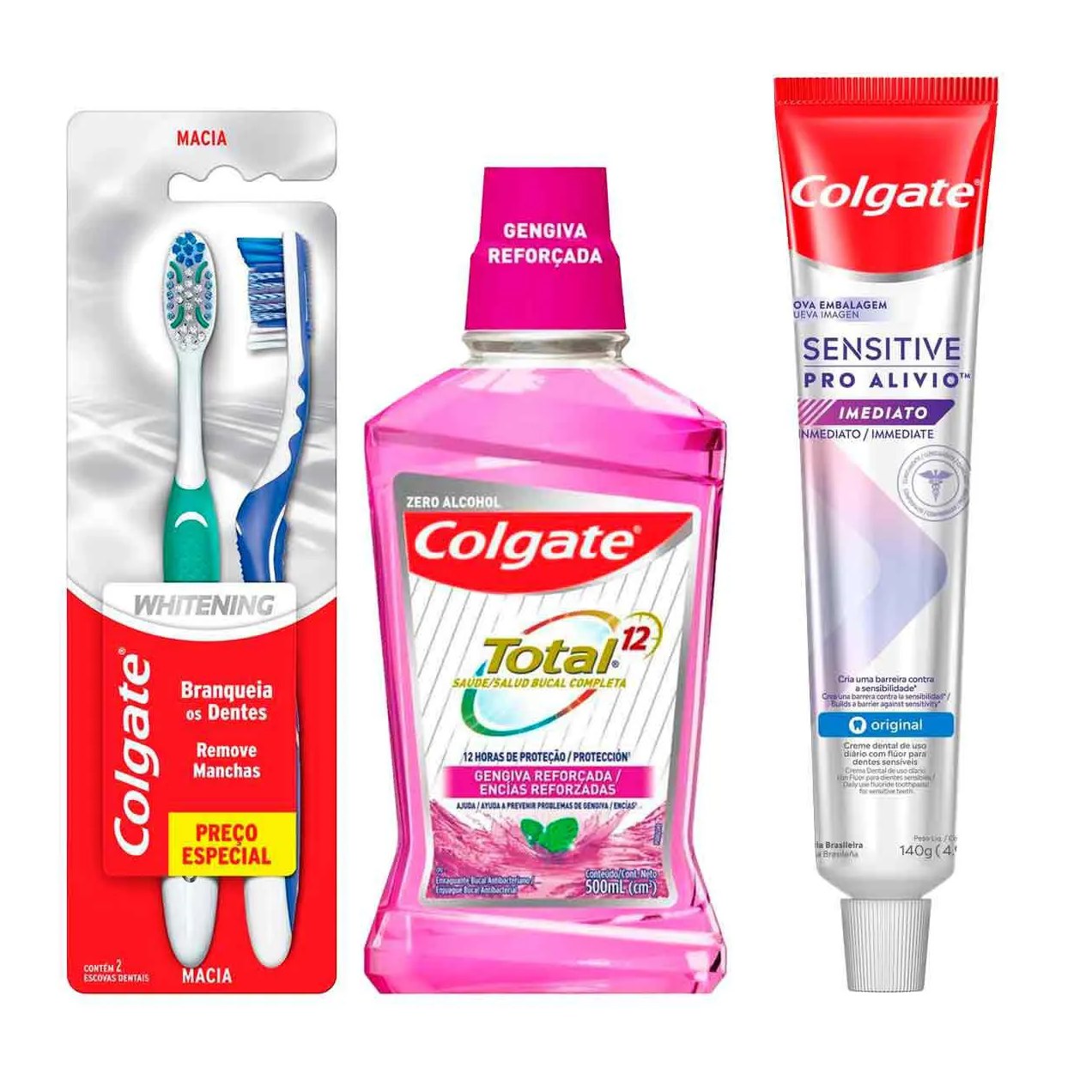 Kit Colgate Escova de Dente Whitening Macia Cabeça Compacta 2 Un + Pasta de Dente Sensitive Pro-Alívio Imediato + Enxaguante Antisséptico Bucal Total 12 Gengiva Reforçada