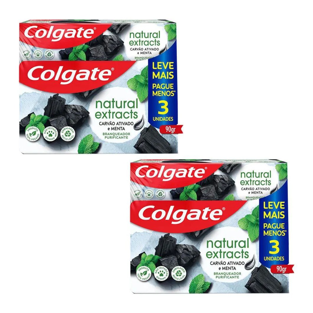 Kit 2 Pack Creme Dental Colgate Natural Extracts Carvão Ativado e Menta 6x90g