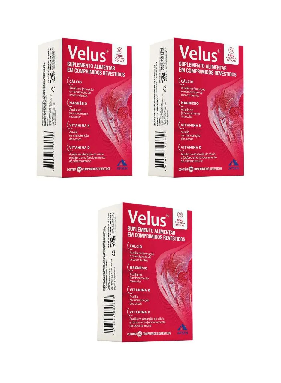 Kit 3 Suplemento Apsen Velus Cálcio Magnésio Vitamina D 30cp