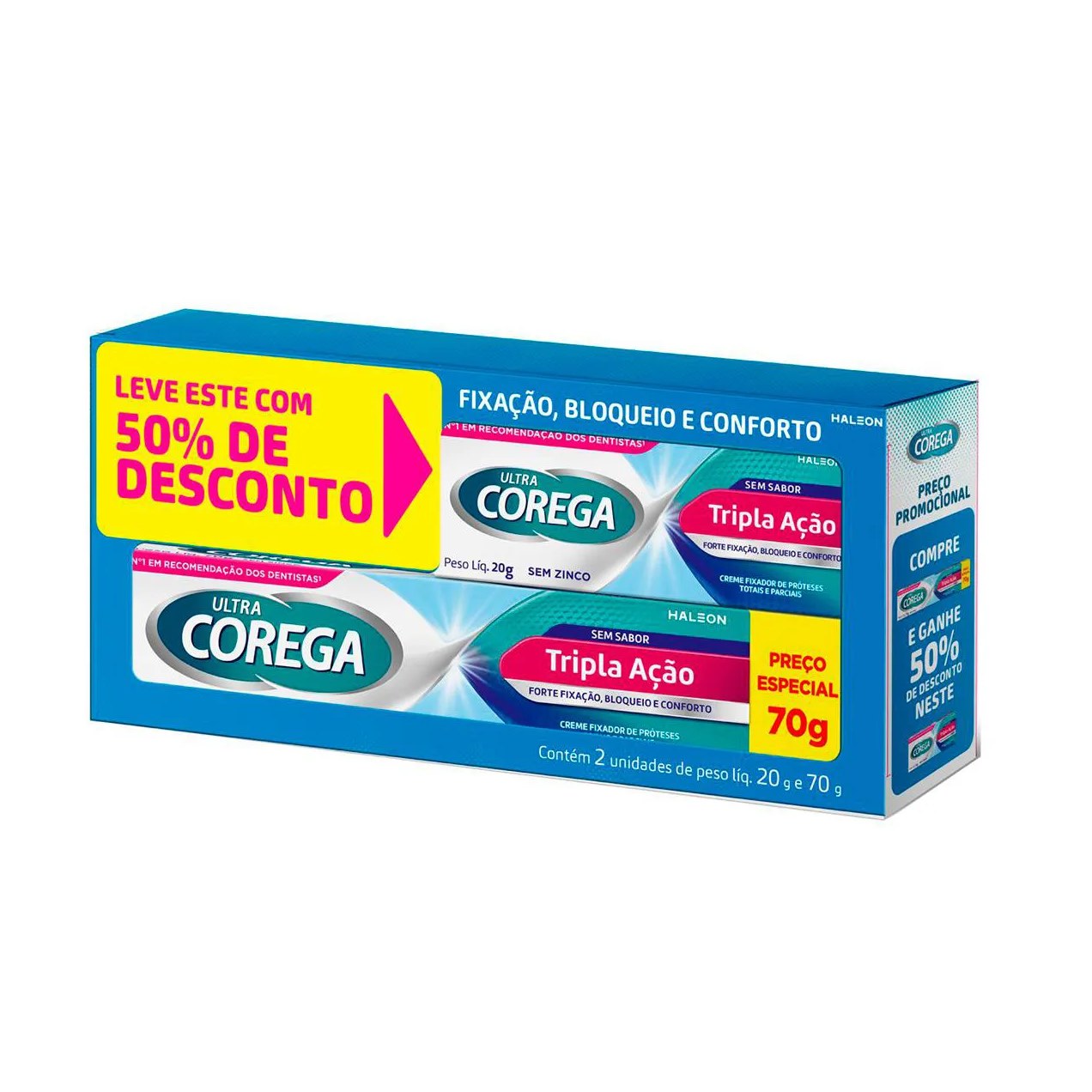 Kit Creme Fixador de Dentadura Ultra Corega Tripla Ação Sem Sabor 70g + 20g